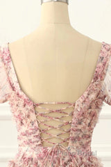 Pink A-Line Tulle Pleated Floral Long Formal Prom Dresses Adult Ceremony Graduation Formal Prom Dresses