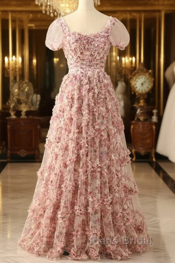 Pink A-Line Tulle Pleated Floral Long Formal Prom Dresses Adult Ceremony Graduation Formal Prom Dresses Main image