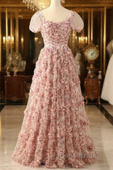 Pink A-Line Tulle Pleated Floral Long Formal Prom Dresses Adult Ceremony Graduation Formal Prom Dresses