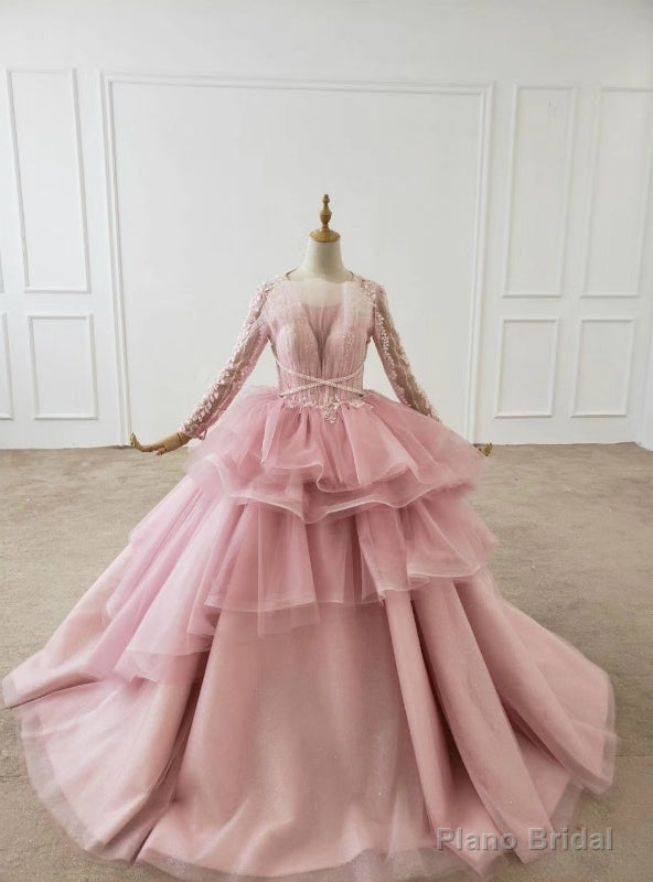 Pink Ball Gown Tulle Long Sleeve Beading Wedding Dress Main image