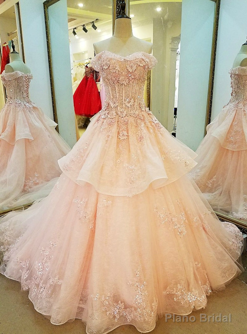 Pink Ball Gown Tulle Off The Shoulder Appliques Wedding Dress Main image