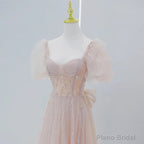 Pink Beaded Tulle Short Sleeves Long Party Dress, Pink Sweet 16 Dresses