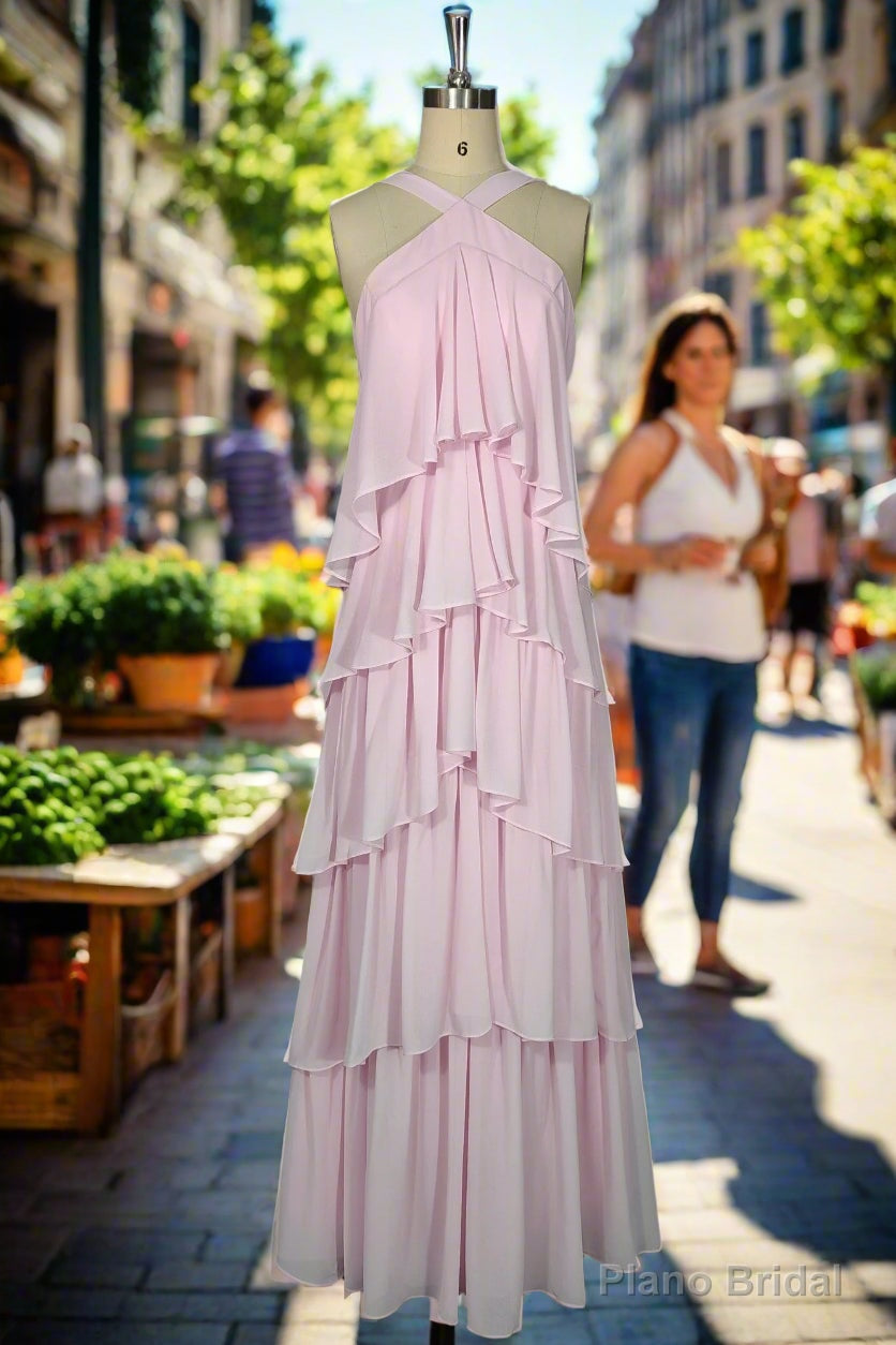 Pink Bridesmaid Dresses A Line Straps Tiered Chiffon Floor Length Long Prom Dresses Main image