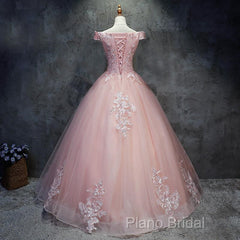 Pink Cap Sleeves Ball Gown Tulle With Lace Sweet 16 Formal Prom Dresses, Long Quinceanera Dresses