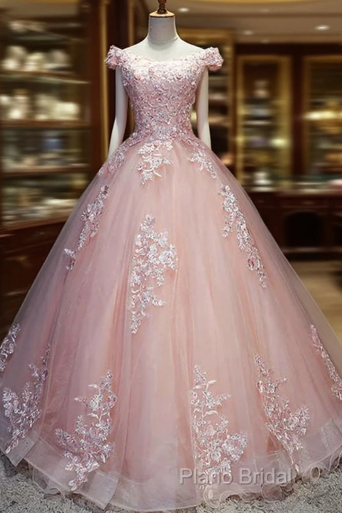 Pink Cap Sleeves Ball Gown Tulle With Lace Sweet 16 Formal Prom Dresses, Long Quinceanera Dresses Main image