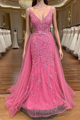 Pink Corset Formal Prom Dress Elegnat A Line Deep V Neck Party Evening Dress with Appliques