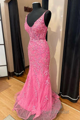 Pink Corset Formal Prom Dress Elegnat A Line Deep V Neck Party Evening Dress with Appliques