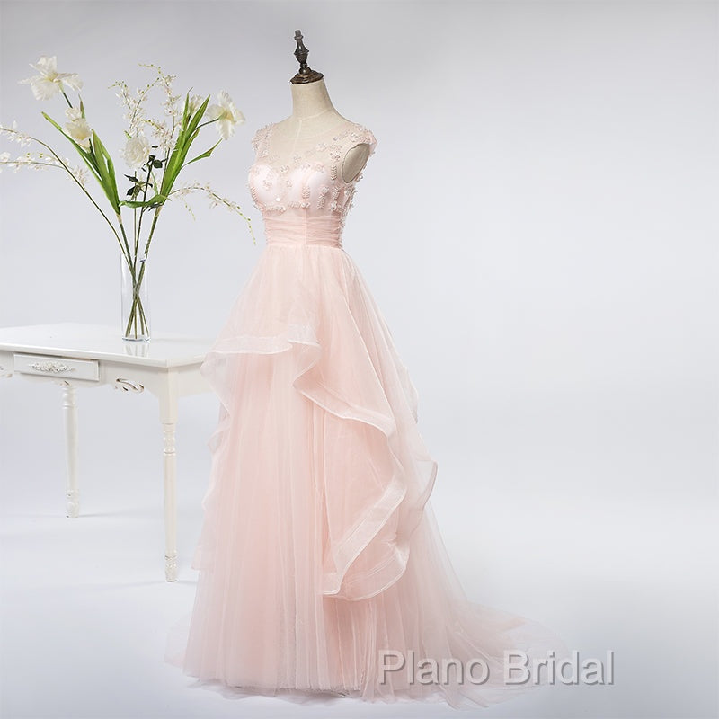 Pink Elegant Tulle A-Line Floor Length Wedding Party Dresses, Light Pink Gown