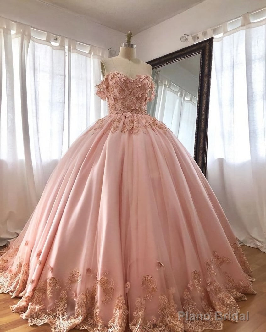Pink Embroidered Lace Quinceanera Dresses Ball Gowns, Long Prom Dress Main image