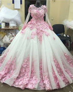 Pink Floral Flowers Long Sleeves Organza Wedding Dresses Ball Gowns