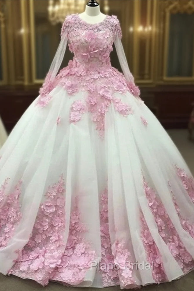 Pink Floral Flowers Long Sleeves Organza Wedding Dresses Ball Gowns Main image