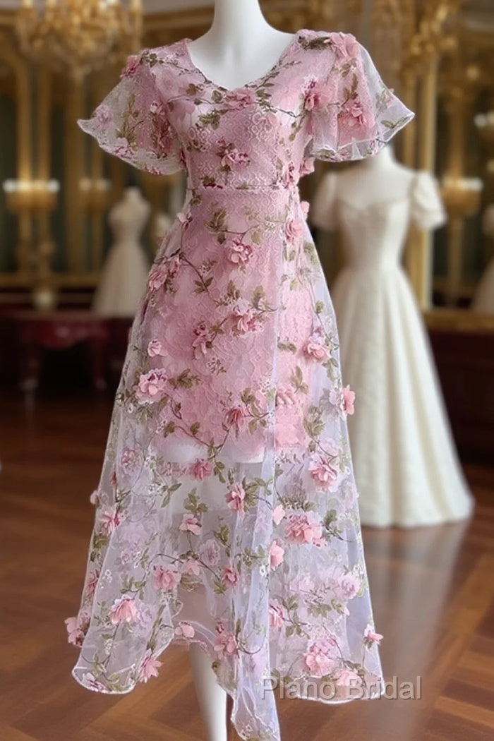 Pink Flowers Lace Short Sleeves Party Dresses, Pink 3D Flowers Party Dresses Main image