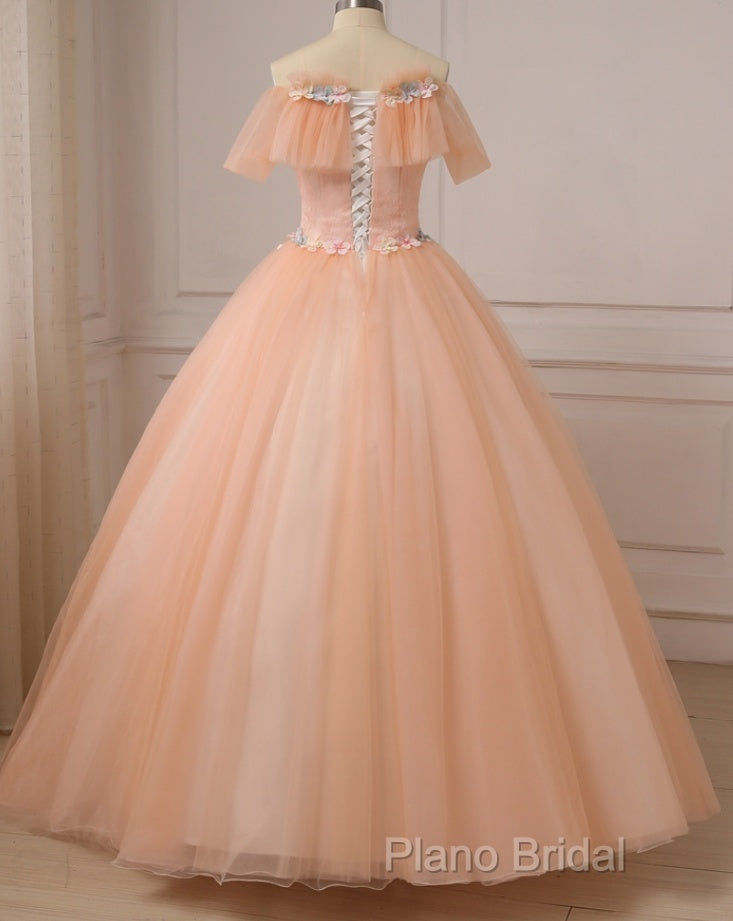 Pink Flowers Tulle Off Shoulder Party Dresses, Pink Tulle Sweet 16 Dresses