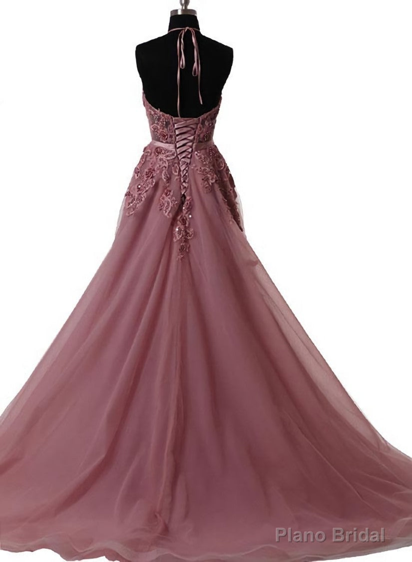 Pink Halter  Lace-up Long Formal Gown, Pink Party Dresses Secondary image