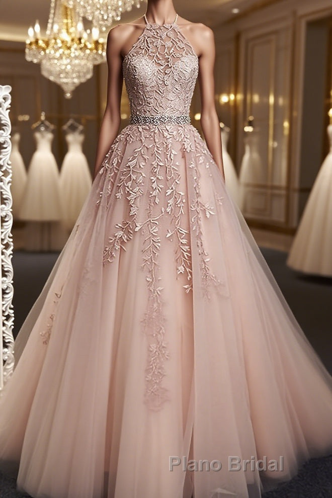 Pink Halter Neck Lace Formal Prom Dresses, Pink Halter Neck Long Lace Formal Evening Dresses Main image