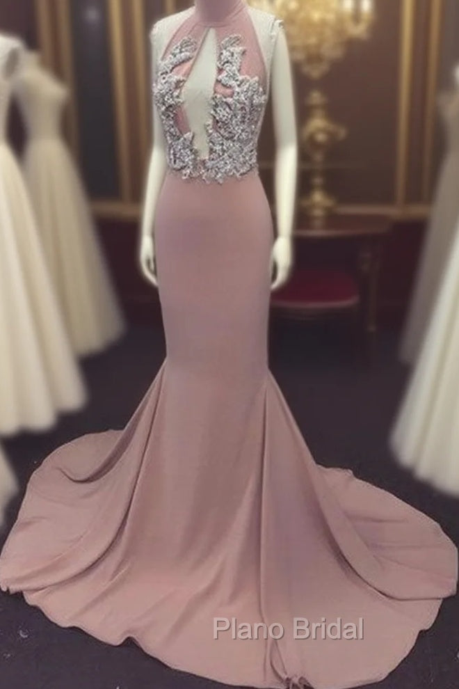 Pink High Neck Long Formal Prom Dresses For Teens, Evening Dresses Main image