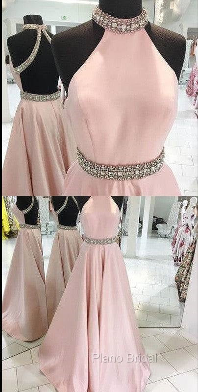Pink High Neck Long Formal Prom Dresses, Pink Backless Evening Dresses Secondary image