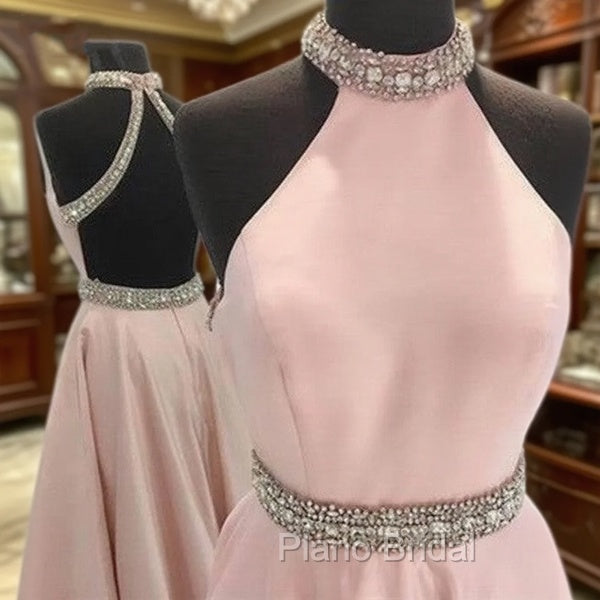 Pink High Neck Long Formal Prom Dresses, Pink Backless Evening Dresses Main image