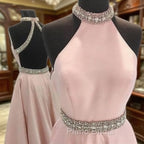 Pink High Neck Long Formal Prom Dresses, Pink Backless Evening Dresses