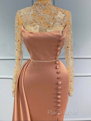 Pink High Neck Long Sleeves Sheer Beading Formal Prom Formal Dresses