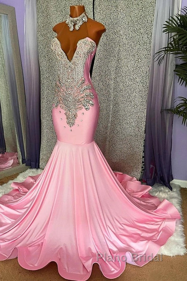 Pink High Neck Mermaid Beading Satin Formal Prom Dresses