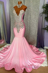 Pink High Neck Mermaid Beading Satin Formal Prom Dresses