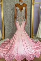 Pink High Neck Mermaid Beading Satin Formal Prom Dresses