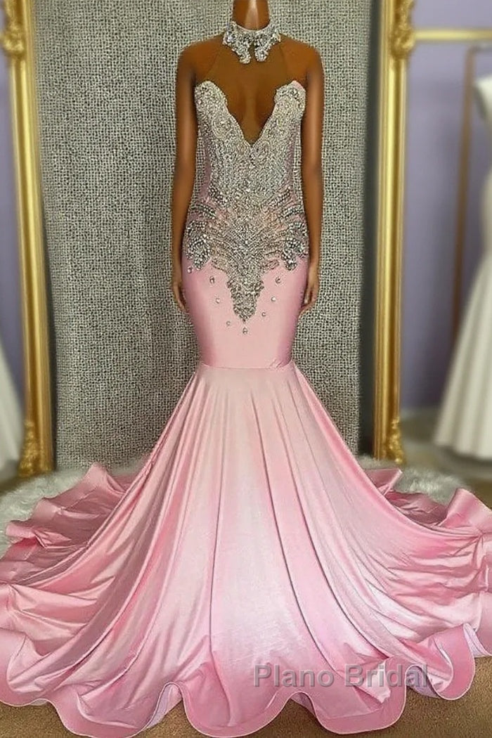 Pink High Neck Mermaid Beading Satin Formal Prom Dresses