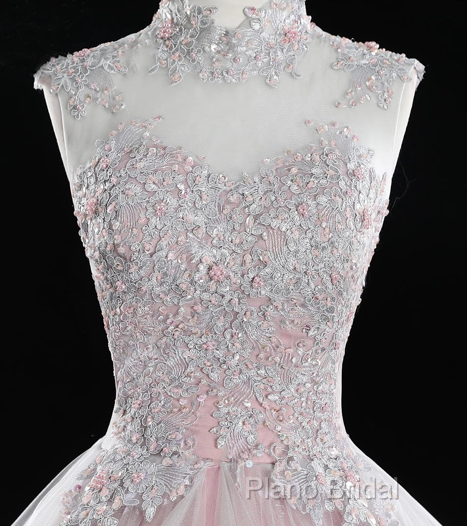 Pink High Neck Tulle Lace Long Formal Prom Dresses, Pink Sweet 16 Gown Secondary image