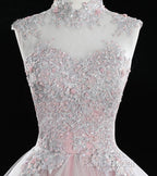 Pink High Neck Tulle Lace Long Formal Prom Dresses, Pink Sweet 16 Gown