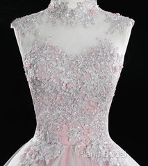 Pink High Neck Tulle Lace Long Formal Prom Dresses, Pink Sweet 16 Gown