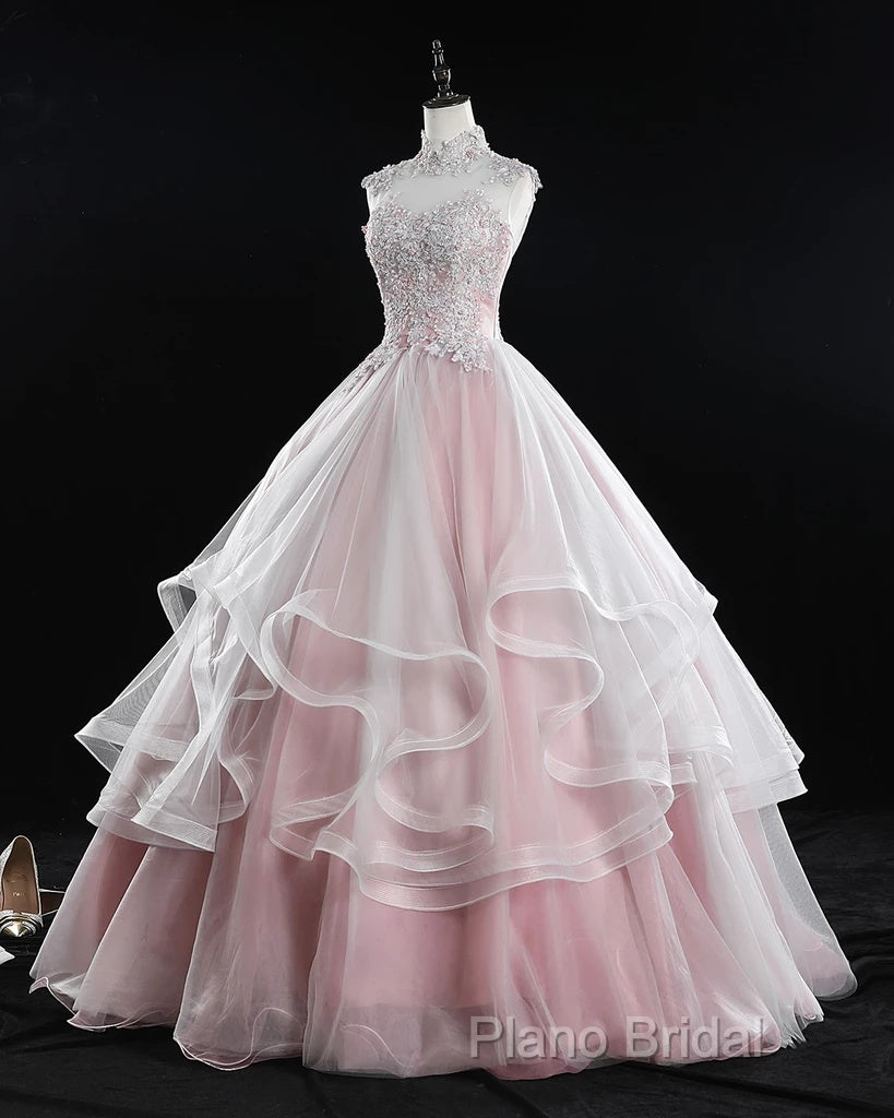 Pink High Neck Tulle Lace Long Formal Prom Dresses, Pink Sweet 16 Gown