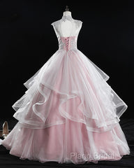 Pink High Neck Tulle Lace Long Formal Prom Dresses, Pink Sweet 16 Gown