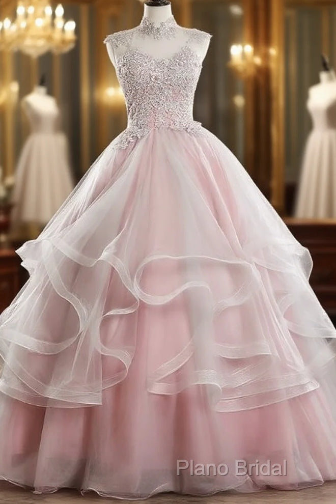 Pink High Neck Tulle Lace Long Formal Prom Dresses, Pink Sweet 16 Gown Main image
