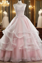 Pink High Neck Tulle Lace Long Formal Prom Dresses, Pink Sweet 16 Gown