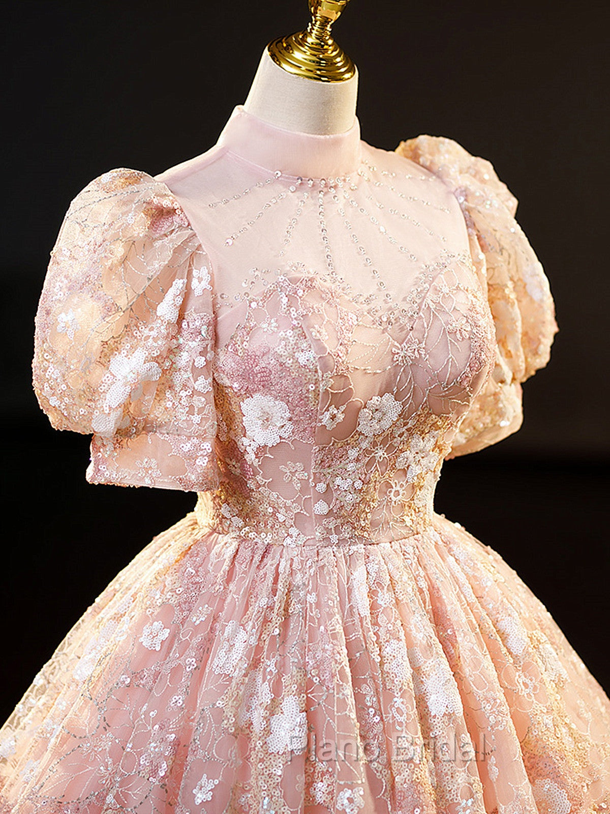 Pink High Neckline Short Sleeves Lace Floral Long Party Dresses, Pink Sweet 16 Dresses Secondary image