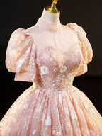 Pink High Neckline Short Sleeves Lace Floral Long Party Dresses, Pink Sweet 16 Dresses