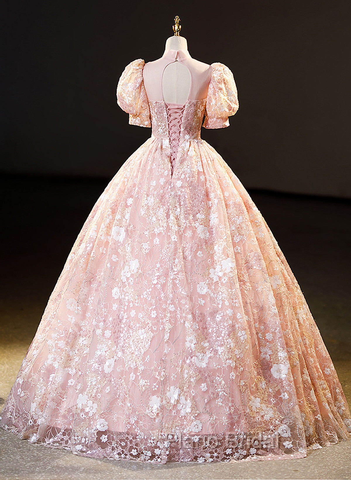 Pink High Neckline Short Sleeves Lace Floral Long Party Dresses, Pink Sweet 16 Dresses