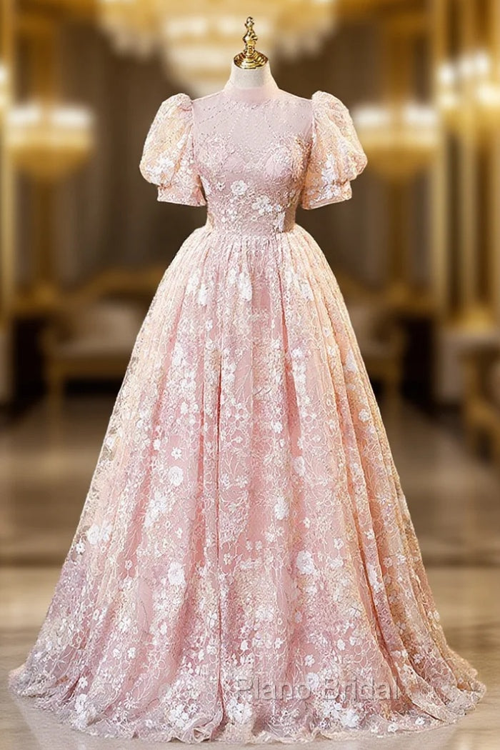 Pink High Neckline Short Sleeves Lace Floral Long Party Dresses, Pink Sweet 16 Dresses Main image