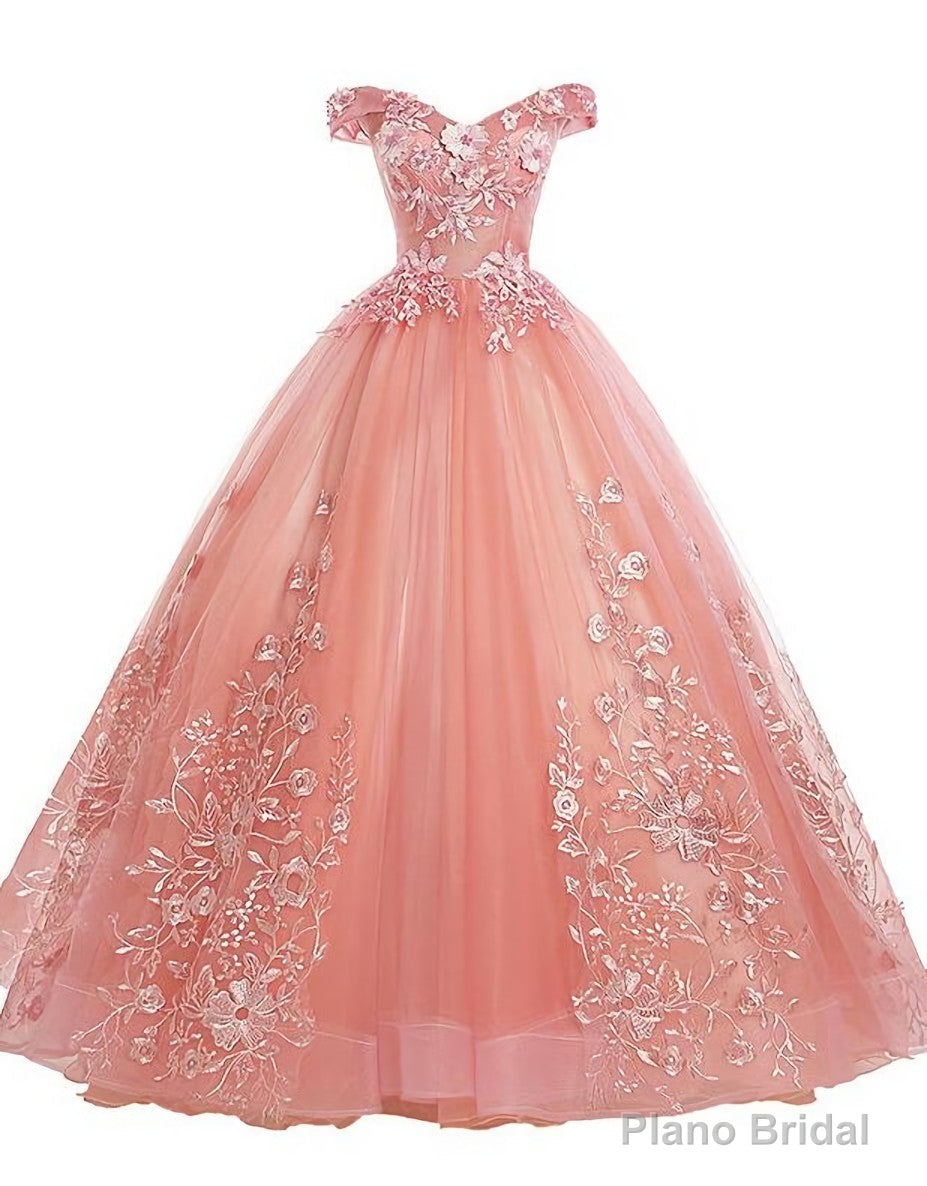 Pink Lace Flower Off Shoulder Sweet 16 Dress, Pink Long Prom Dresses Quinceaner Dress