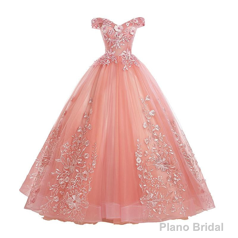 Pink Lace Flower Off Shoulder Sweet 16 Dress, Pink Long Prom Dresses Quinceaner Dress