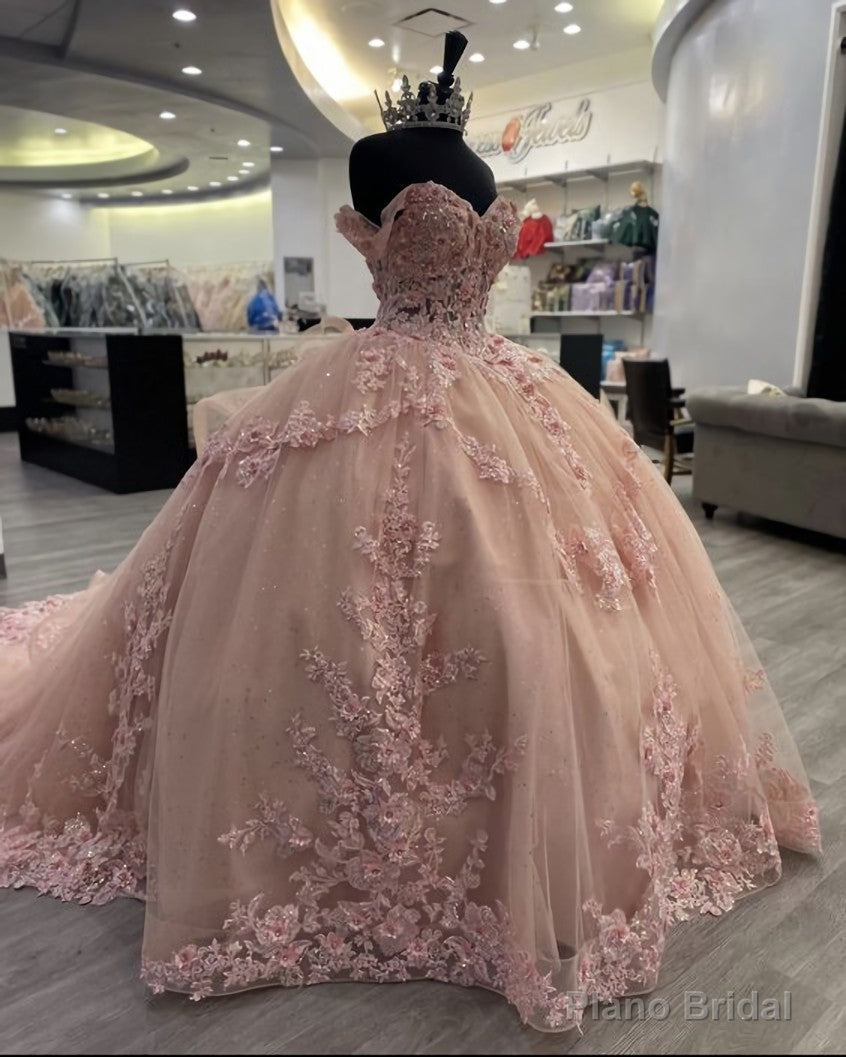 Pink Lace Long Prom Dresses, Ball Gown Sweet 16 Dresses Main image