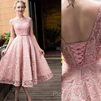 Pink Lace Tea Length Formal Dresses, Beautiful Pink Formal Prom Dresses, Lovely Party Dresses