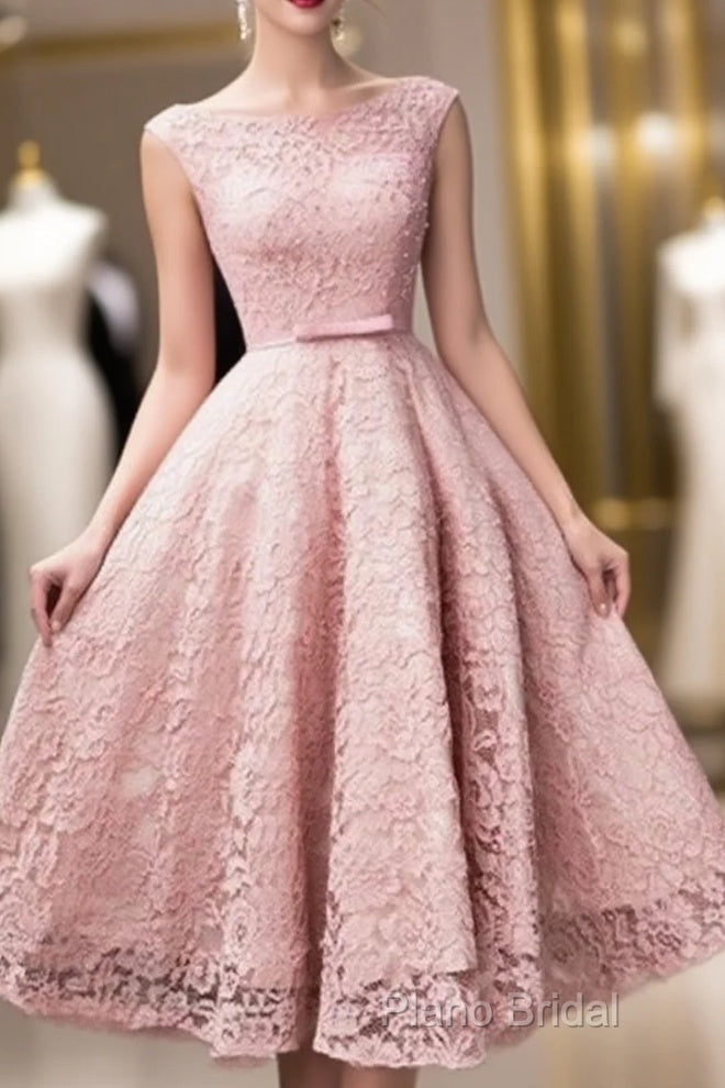 Pink Lace Tea Length Formal Dresses, Beautiful Pink Formal Prom Dresses, Lovely Party Dresses Main image