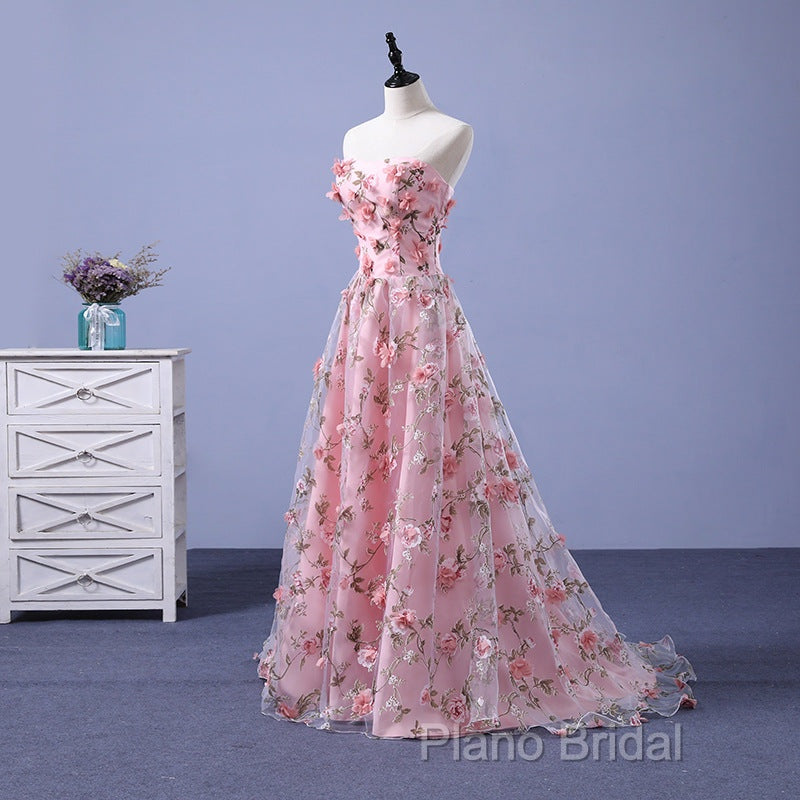 Pink Long A-Line Flowers Formal Dresses, Pink Party Dresses Formal Prom Dresses Secondary image