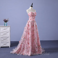 Pink Long A-Line Flowers Formal Dresses, Pink Party Dresses Formal Prom Dresses