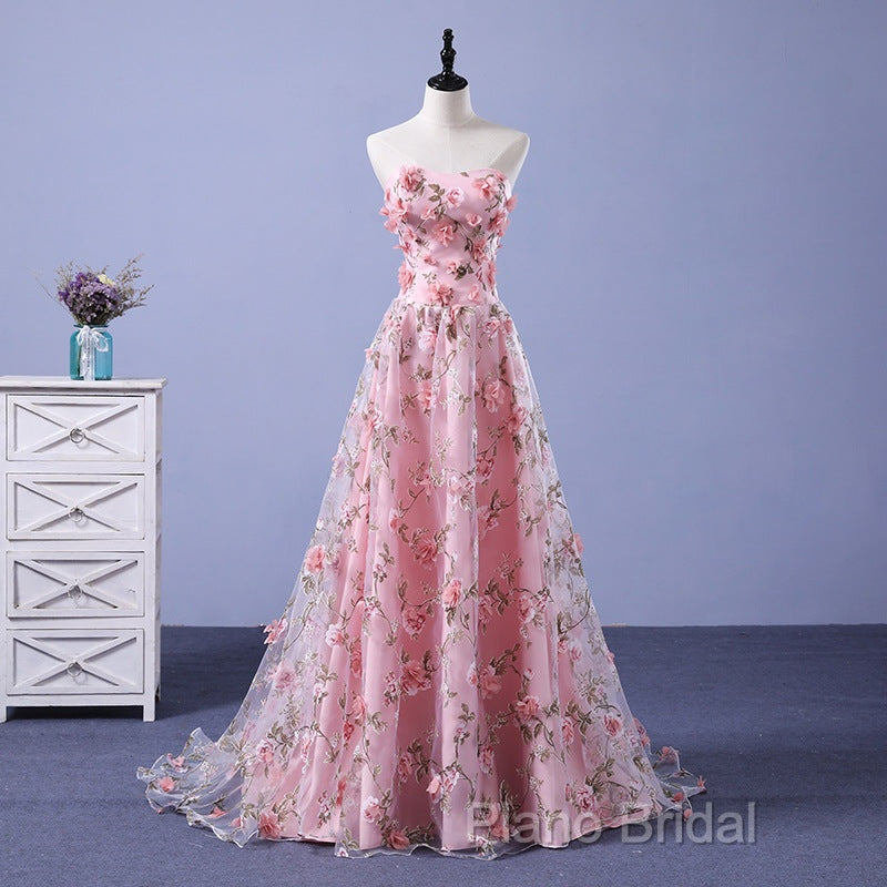 Pink Long A-Line Flowers Formal Dresses, Pink Party Dresses Formal Prom Dresses