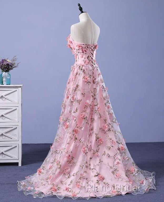 Pink Long A-Line Flowers Formal Dresses, Pink Party Dresses Formal Prom Dresses