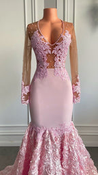 Pink Long Sleeves Lace Formal Prom Dresses Mermaid Tulle Formal Gown