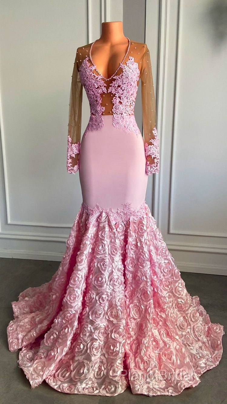 Pink Long Sleeves Lace Formal Prom Dresses Mermaid Tulle Formal Gown